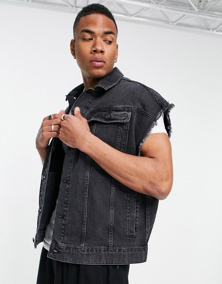 Asos Design Oversized Denim Vest In Washed Black