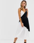 River Island Pleated Midi Dress With Wrap Front In Color Block-black