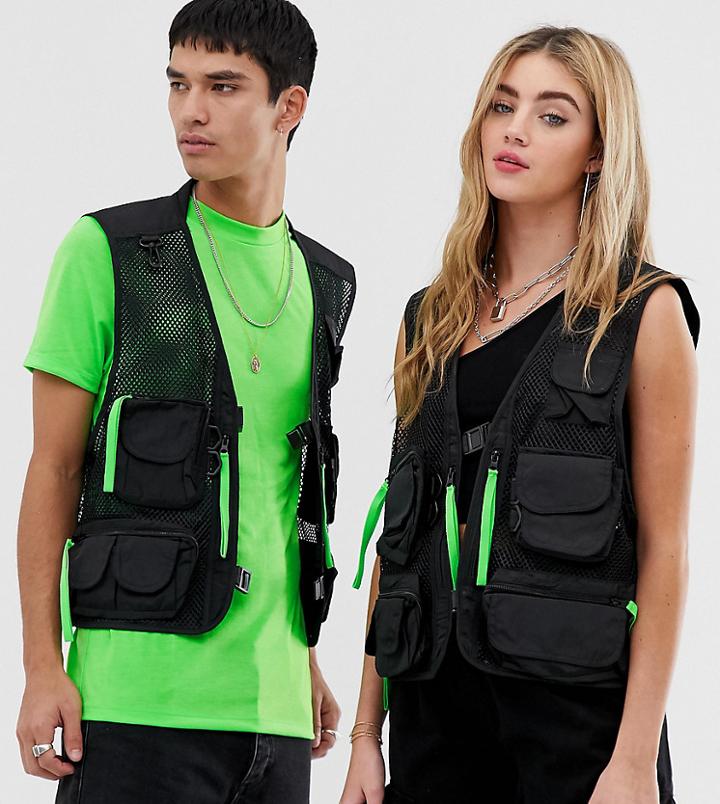 Reclaimed Vintage Unisex Vest In Black With Neon Pullers - Black