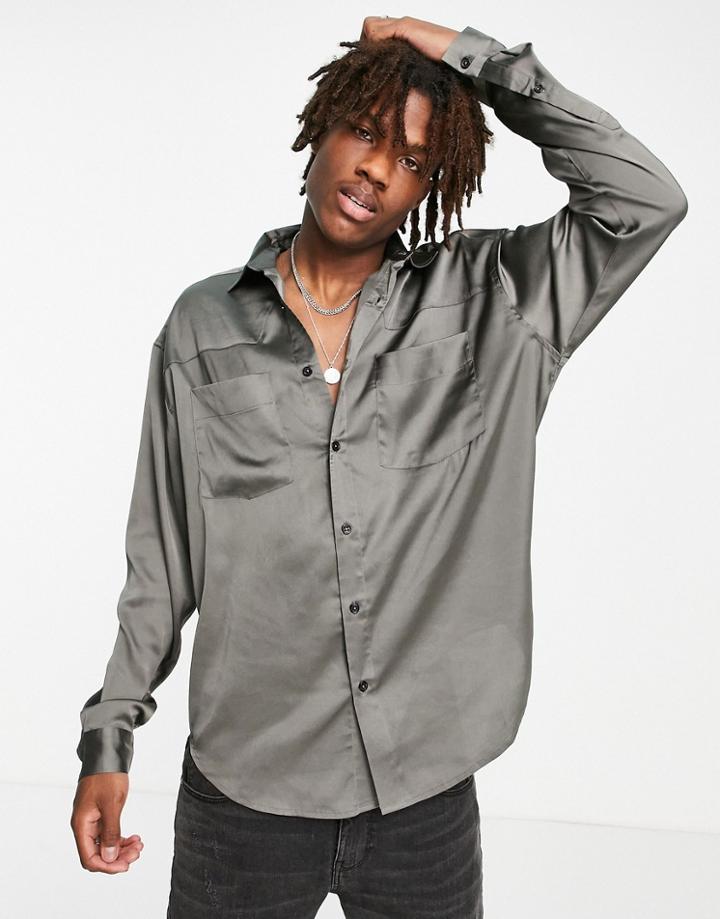 Asos Design Oversized Satin Shirt With Western Detail In Charcoal-grey