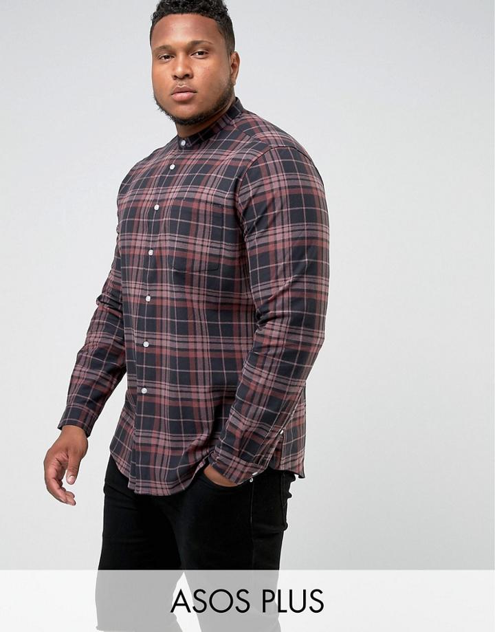 Asos Plus Stretch Slim Check Shirt With Grandad Collar - Navy