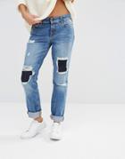 Noisy May Destroyed Boyfriend Jeans With Patch Rips - Medium Blue