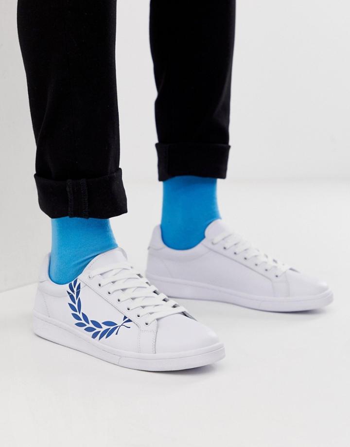 Fred Perry B721 Printed Laurel Leather Sneakers In White - White