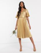 Tfnc Wrap Front Pleated Midi Dress In Gold