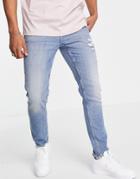 Asos Design Cotton Blend Stretch Slim Jeans In Mid Wash Blue With Abrasions - Mblue-blues