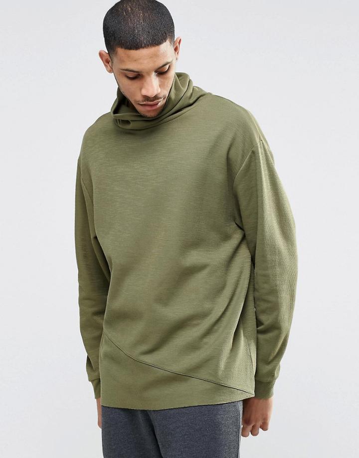 Asos Sweatshirt With Funnel Neck In Khaki Slub - Khaki