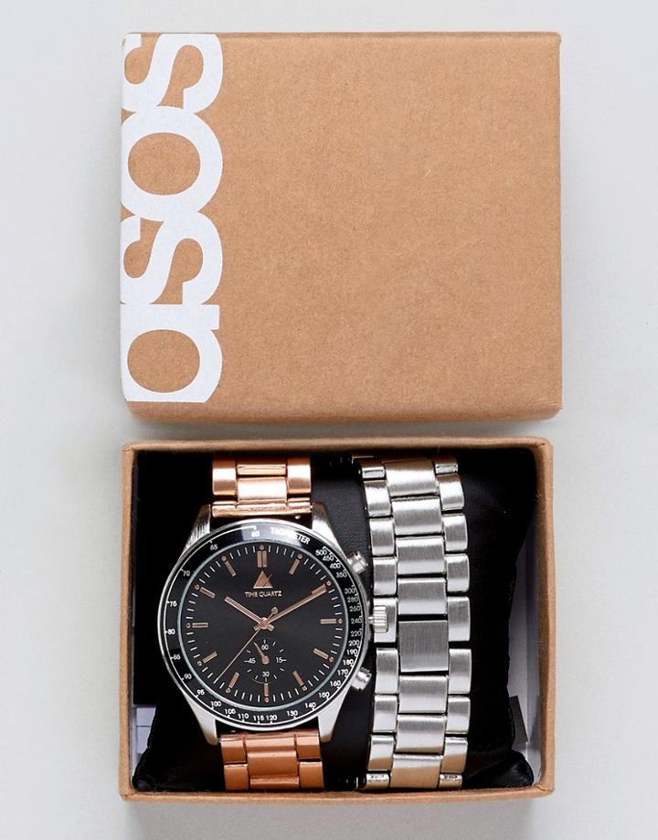 Asos Design Interchangeable Bracelet Watch In Brushed Silver And Rose Gold - Multi