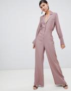 Asos Design Minimal Tux Jumpsuit With Wide Leg And Satin Detail-pink