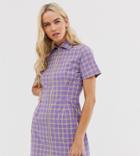 The Ragged Priest Zip Front Shirt Dress In Check - Purple