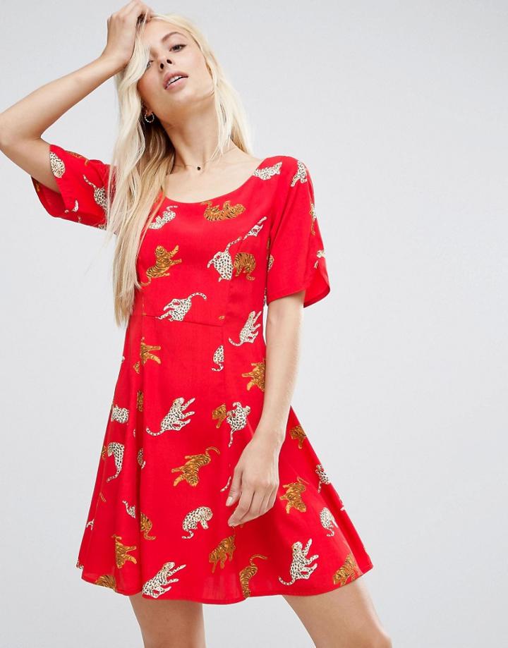 Asos Short Sleeve Flippy Mini Dress In Leopard Conversational Print - Multi