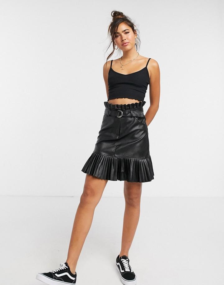 New Look Belted Faux-leather Pleated Mini Skirt In Black