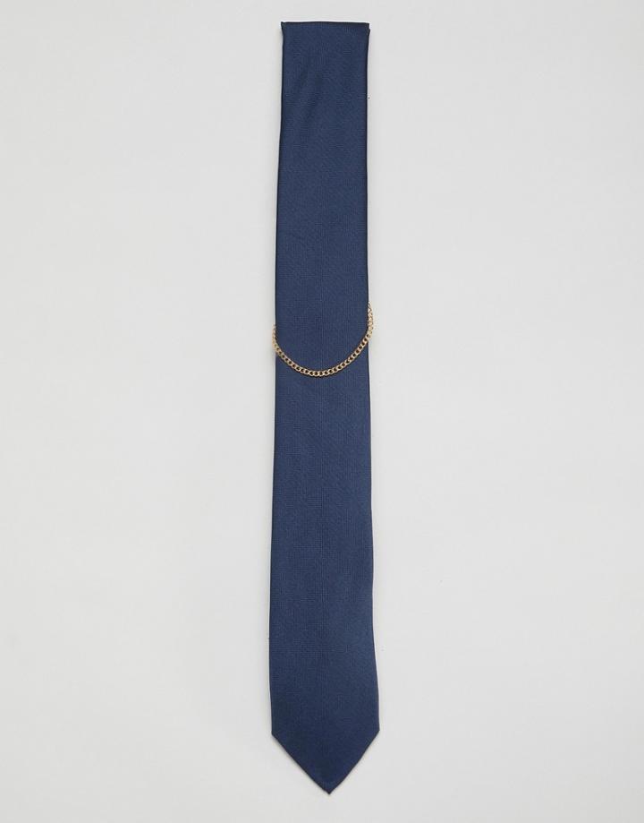 Twisted Tailor Tie In Navy With Gold Chain - Navy