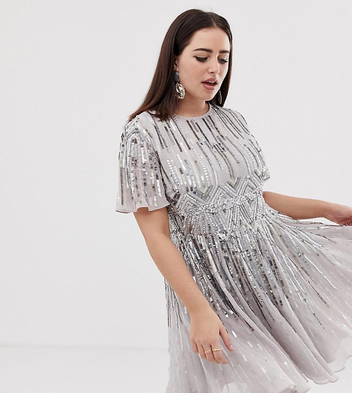 Asos Design Curve Mini Skater Dress With Sparkle Embellishment - Purple