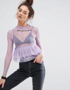 The Ragged Priest Mesh Top With Ruffle And Tattoo Print - Purple