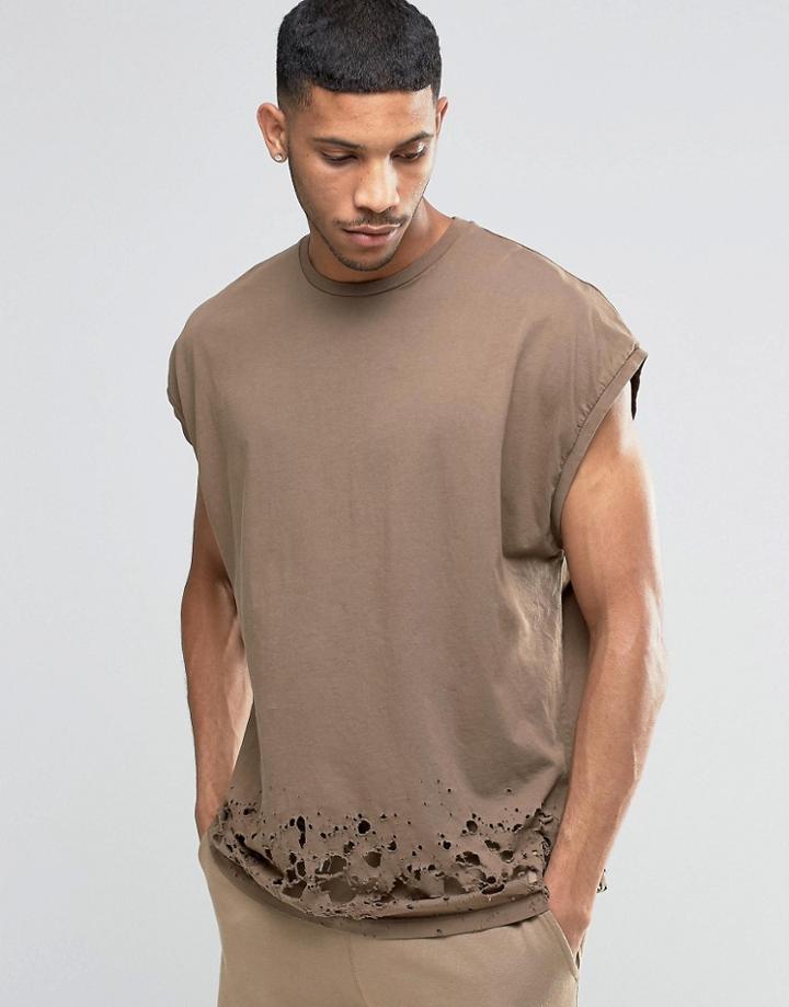 Asos Super Oversized T-shirt With Distressed Hem In Brown - Coco Brown