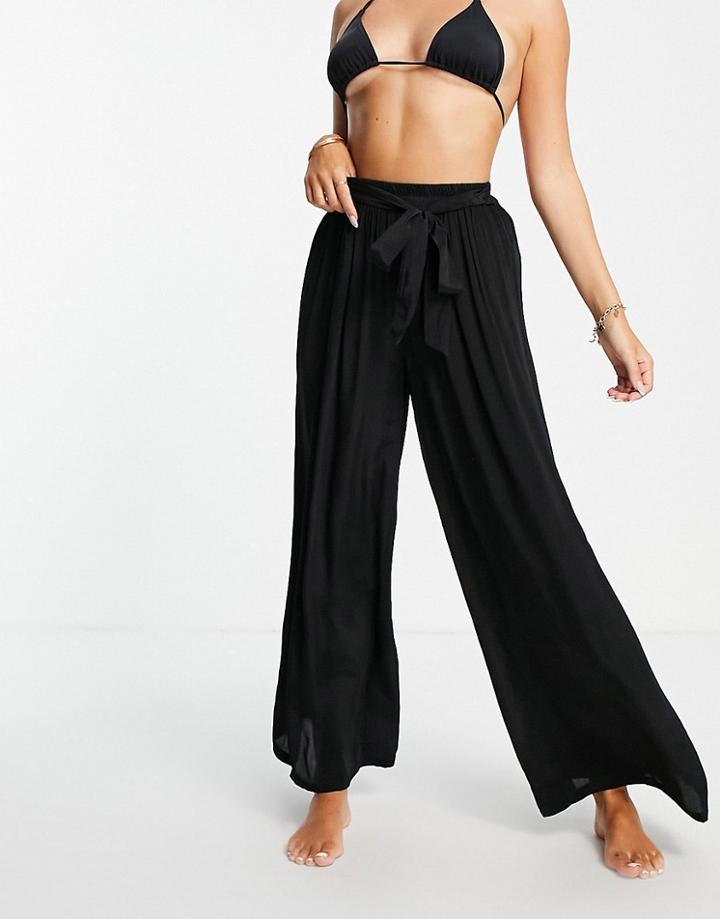 Asos Design Tie Wide Leg Beach Pants In Black