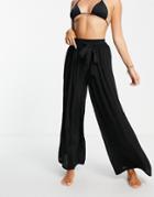 Asos Design Tie Wide Leg Beach Pants In Black