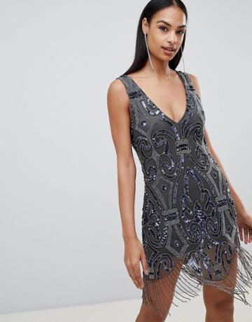 Rare London Embellished Fringe Mini Dress - Gray