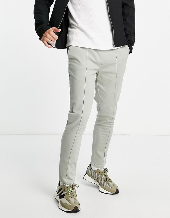 Asos Design Skinny Chinos With Pin Tucks And Elasticated Waist In Gray-grey