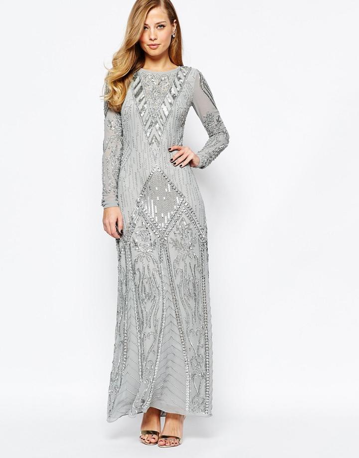 Frock And Frill Long Sleeve Allover Embellished Maxi Dress With Thigh Split