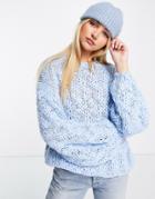 Asos Design Hand Knitted Crew Neck Sweater With Volume Sleeve In Light Blue-blues
