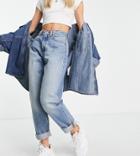 Asos Design Petite High Waist 'slouchy' Mom Jeans In Stonewash-blues