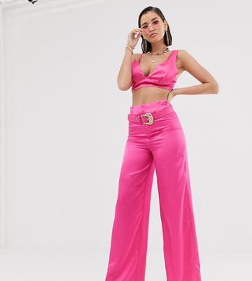 Katchme Satin Wide Leg Pants With Belt Detail In Hot Pink - Pink
