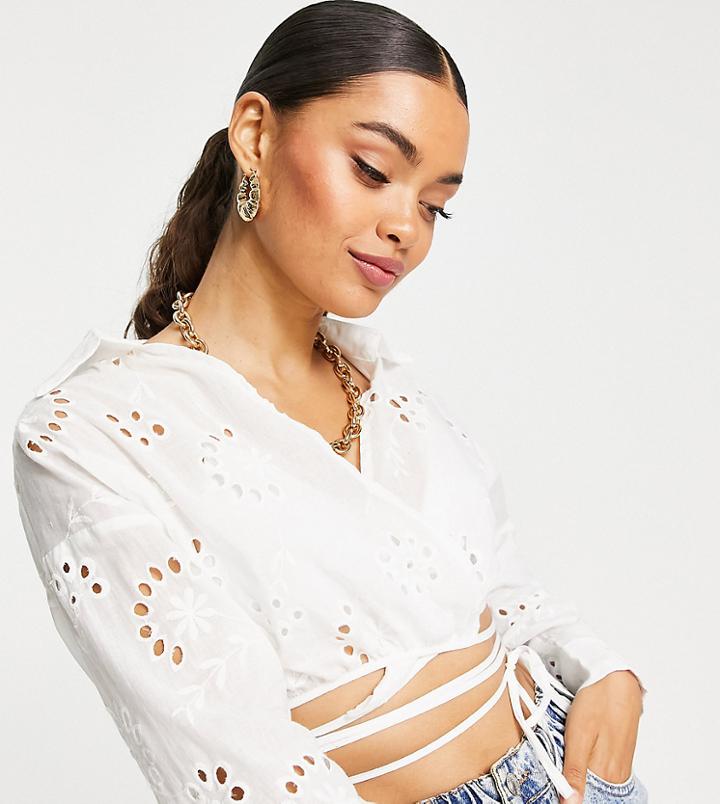 Missguided Petite Wrap Front Top In White Eyelet