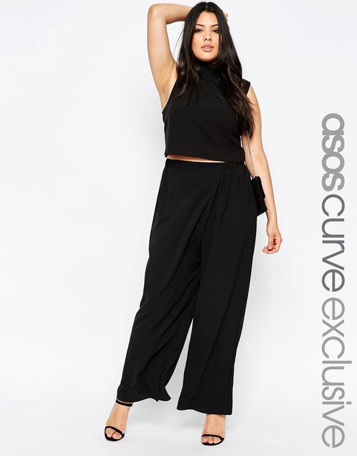 Asos Curve Soft Wide Leg Pant With Wrap Front - Black