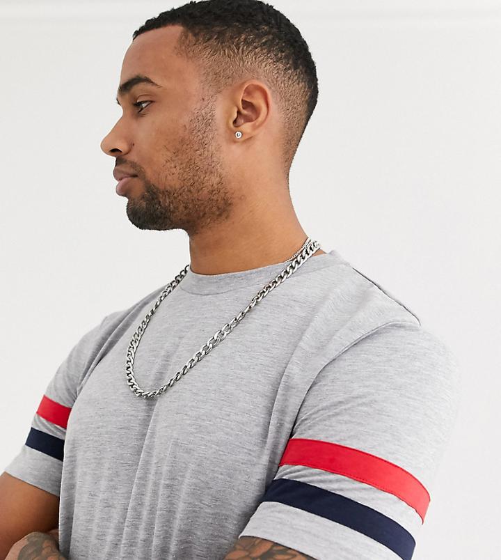 Asos Design Tall T-shirt With Contrast Sleeve Stripes In Gray Marl