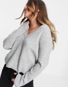 Asos Design Boxy Sweater In V Neck With Rib In Gray-grey