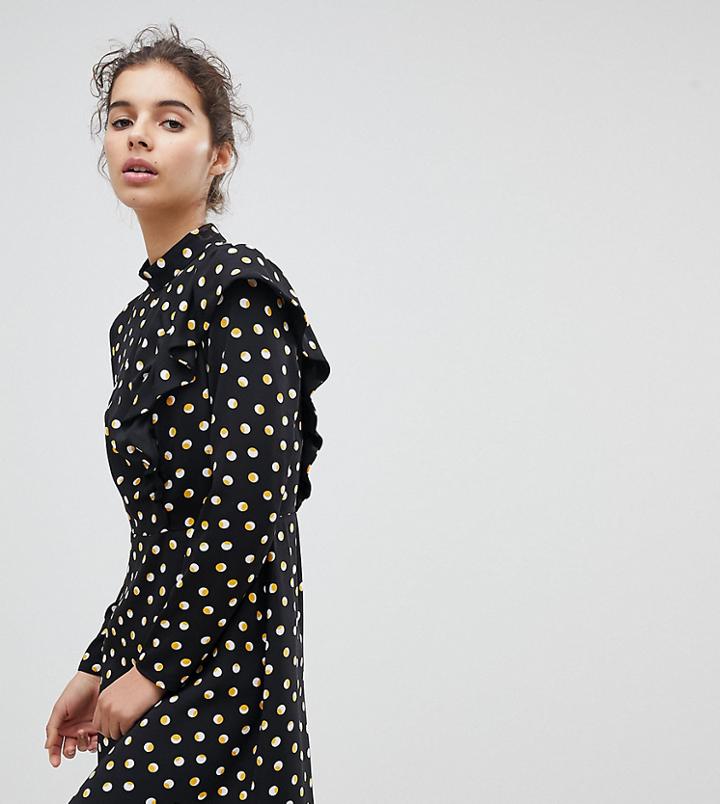 Miss Selfridge Polka Dot Ruffle High Neck Dress-multi