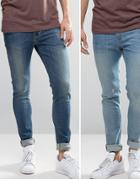 Asos Super Skinny Jeans 2 Pack In Light & Mid Blue Save - Blue