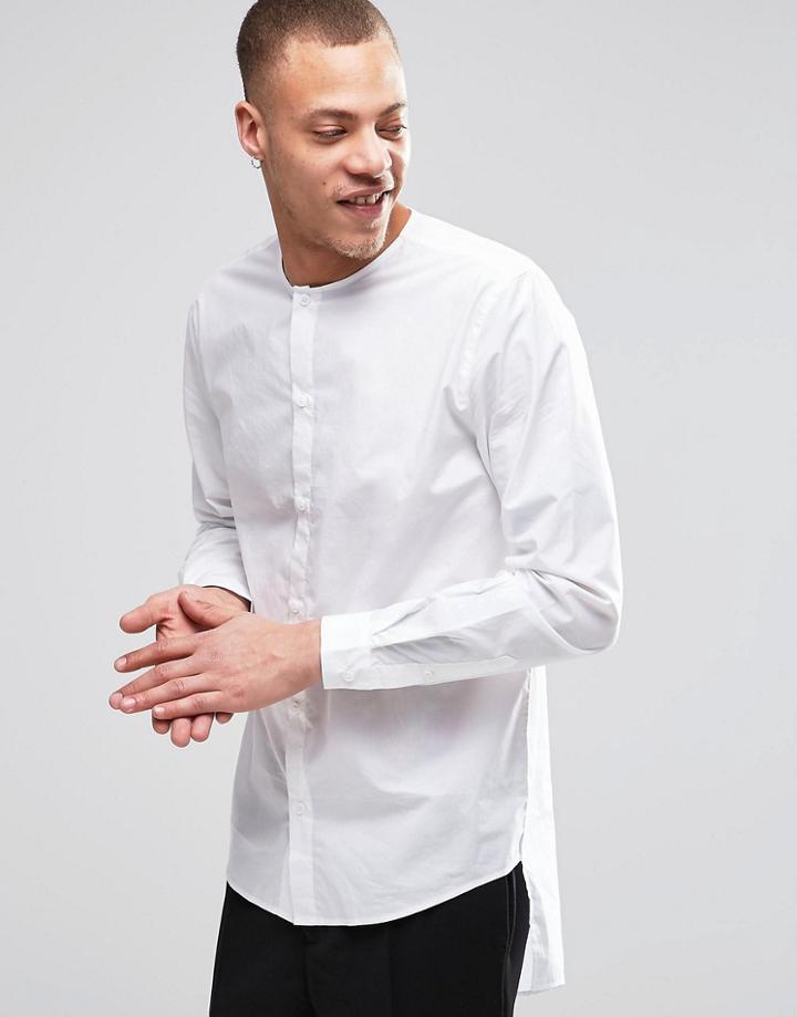 Weekday Grimm Collarless Regular Fit Shirt Long Tail In White - White