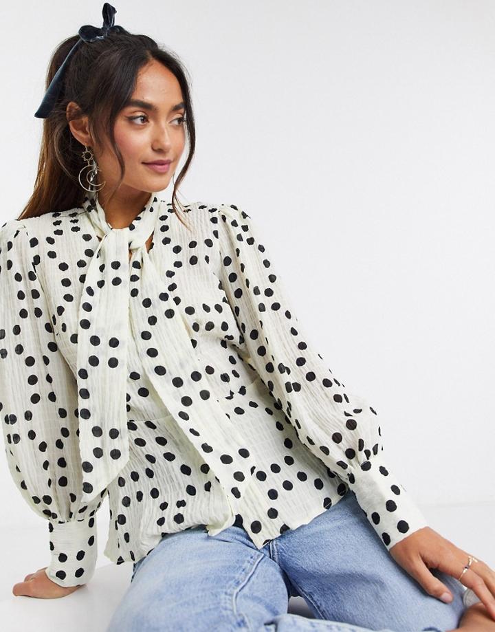 Asos Design Long Sleeve Textured Blouse With Pussybow In Polka Dot-multi
