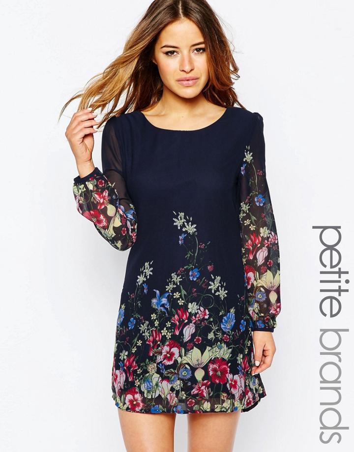 Yumi Petite Shift Dress In Floral Border Print - Navy