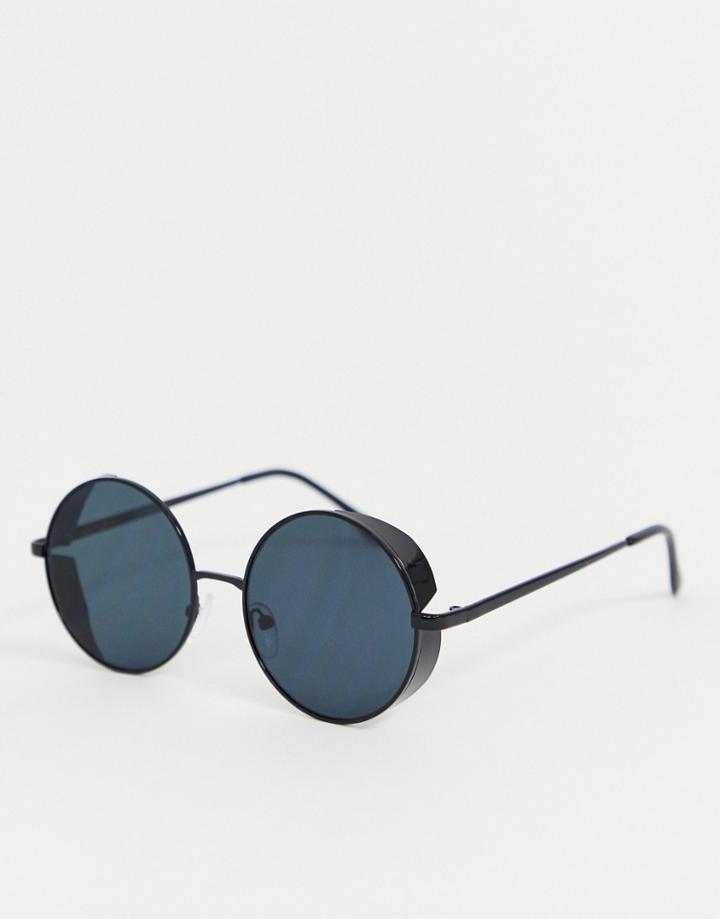 Asos Design Metal Round Sunglasses In Black With Smoke Lens And Side Caps
