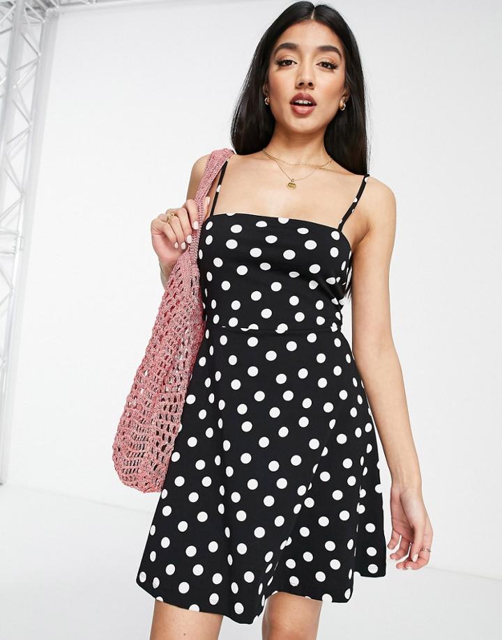 Asos Design Mini Strappy Sundress With Tie Back In Monochrome Spot-multi