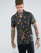 Asos Regular Fit Floral Shirt In Viscose With Revere Collar - Black