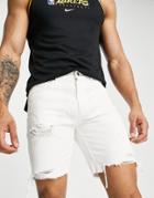Pull & Bear Straight Fit Denim Shorts With Rips In White