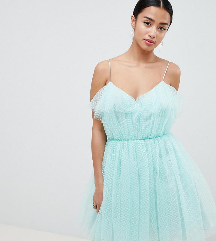 Asos Design Petite Mini Dobby Tulle Prom Dress With Ruffle Bodice - Green