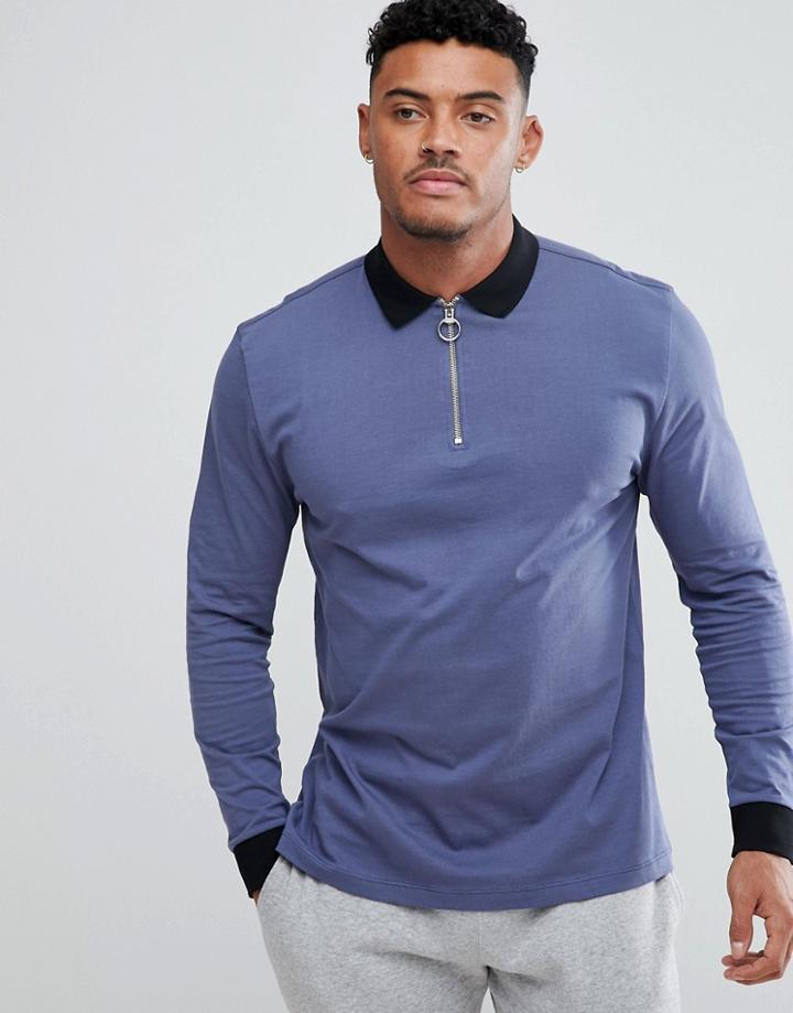 Asos Design Long Sleeve Relaxed Fit Polo With Contrast Collar And Zip - Multi