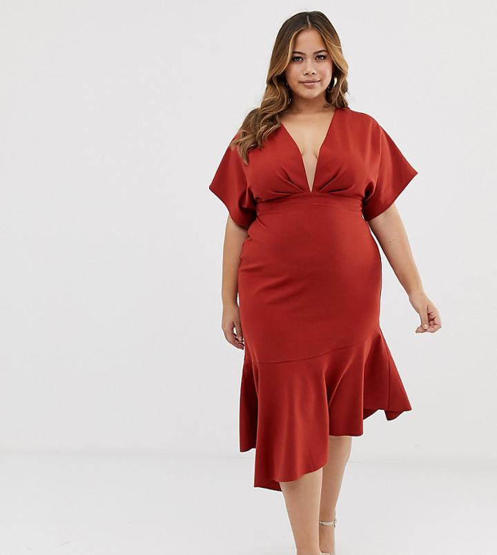 Asos Design Curve Deep V Pep Hem Midi Dress - Orange