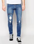 Dr Denim Snap Skinny Jeans Ripped Mid Wash Blue - Mid Wash Blue