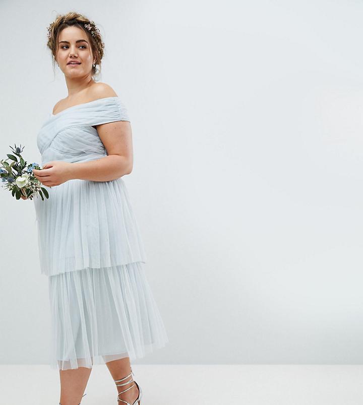 Maya Plus Bardot Tulle Bridesmaid Body With Wrap Bow Detail - Blue