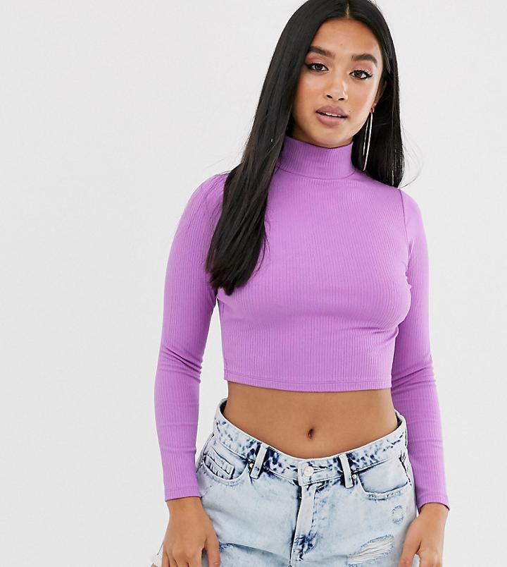 Asos Design Petite Turtleneck Long Sleeve Rib Crop Top In Purple - Purple