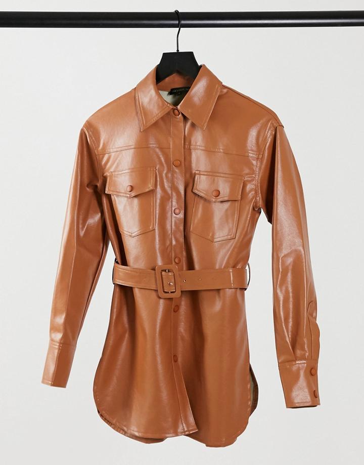 Love & Other Things Pu Oversized Shirt Dress In Camel-brown