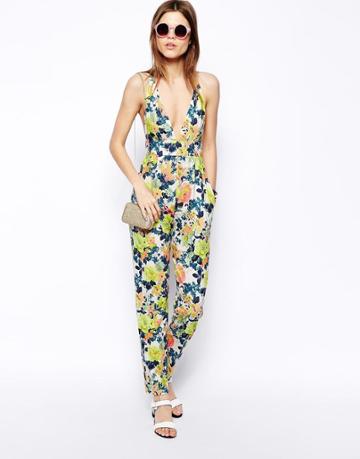 Asos Plunge Neck Jumpsuit In Floral Print