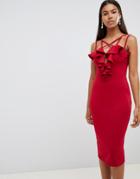Rare London Plunge Ruffle Midi Dresss - Red