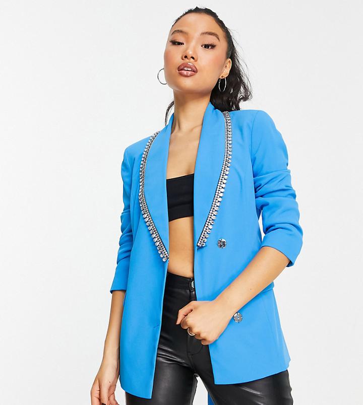 River Island Petite Crystal Trim Belted Blazer In Blue-blues